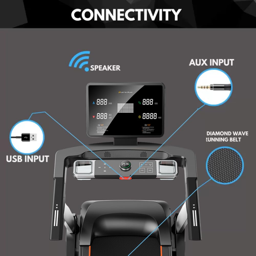 Let's Play® Automatic LP-400AC Treadmill for Home Foldable 6HP Peak AC Motor [5 Years Warranty on Motor] 16 Preset Program I Max 180Kg User Weight I Max Speed 22 Km/Hr - Bluetooth Speaker