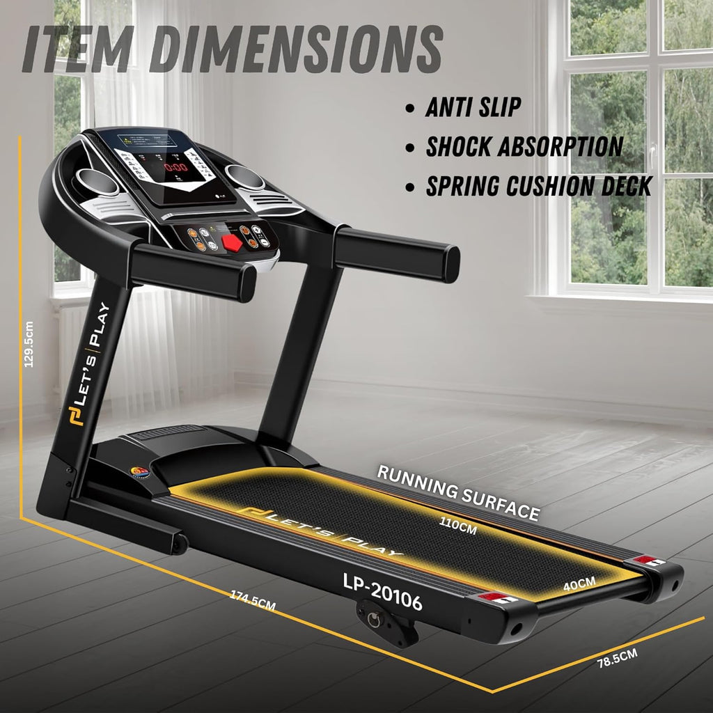 Let'S Play 4Hp Peak Motorized Treadmill For Home Gym Workout,Manual Incline Foldable Running Machine,110Kg User Weight,Max Speed 12 Km/Hr,Bluetooth Speaker,Lcd Display