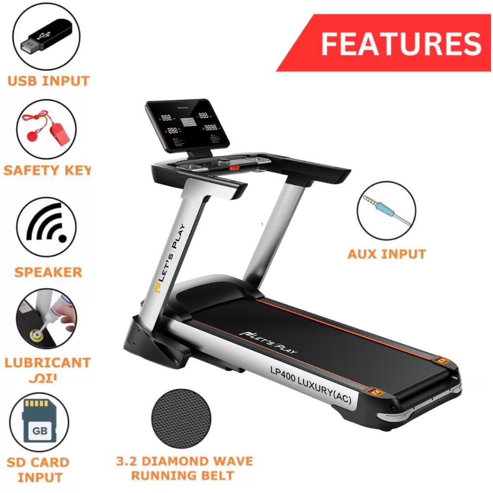 Let's Play® Automatic LP-400AC Treadmill for Home Foldable 6HP Peak AC Motor [5 Years Warranty on Motor] 16 Preset Program I Max 180Kg User Weight I Max Speed 22 Km/Hr - Bluetooth Speaker