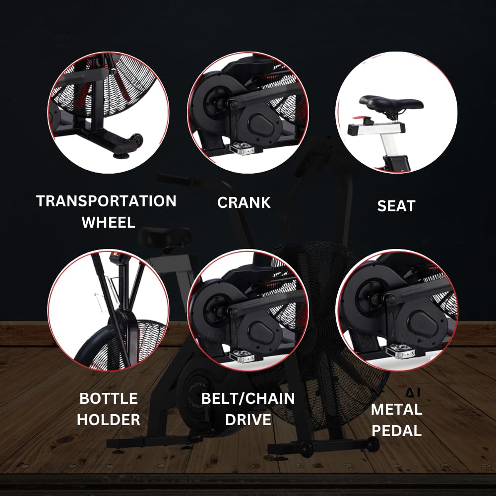 Let's Play® Air Bull Commercial Air Bike Exercise Cycle with Moving or Stationary Handle, Adjustable Cushioned Seat, Exercise Cycle Black for Home, Office, Commercial Gym, Max User Weight 150 Kg (Warrenty 1 years)