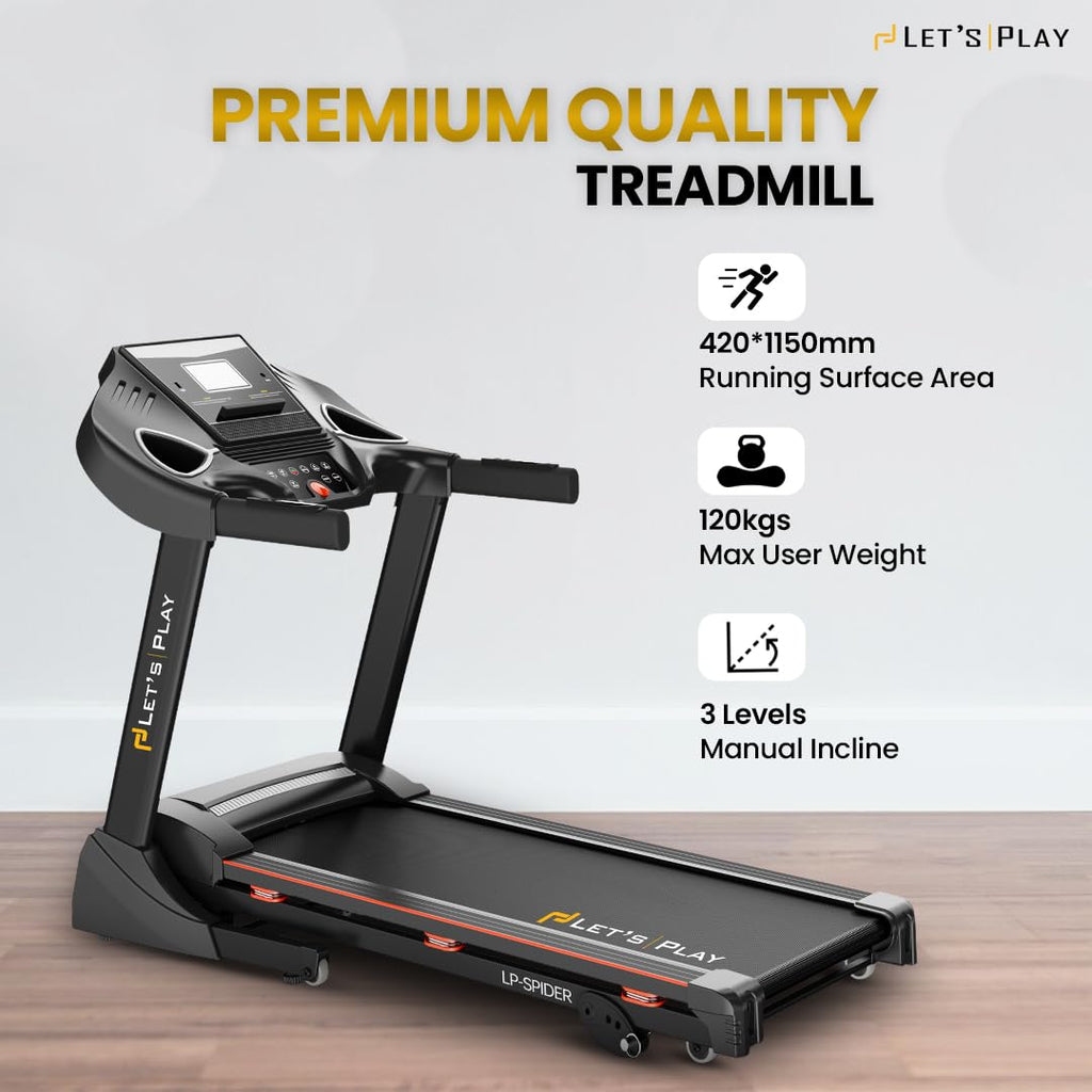 LET’S Play LP-Spider 4.5HP Peak Japanese Motorized Foldable Treadmill for Home Use | 120KG User Weight, Top Speed 14.8km/hr, Manual Incline, 12 Workout Programs, 10 Year Warranty
