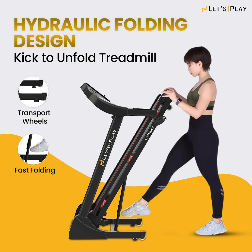 LET’S Play LP-Spider 4.5HP Peak Japanese Motorized Foldable Treadmill for Home Use | 120KG User Weight, Top Speed 14.8km/hr, Manual Incline, 12 Workout Programs, 10 Year Warranty