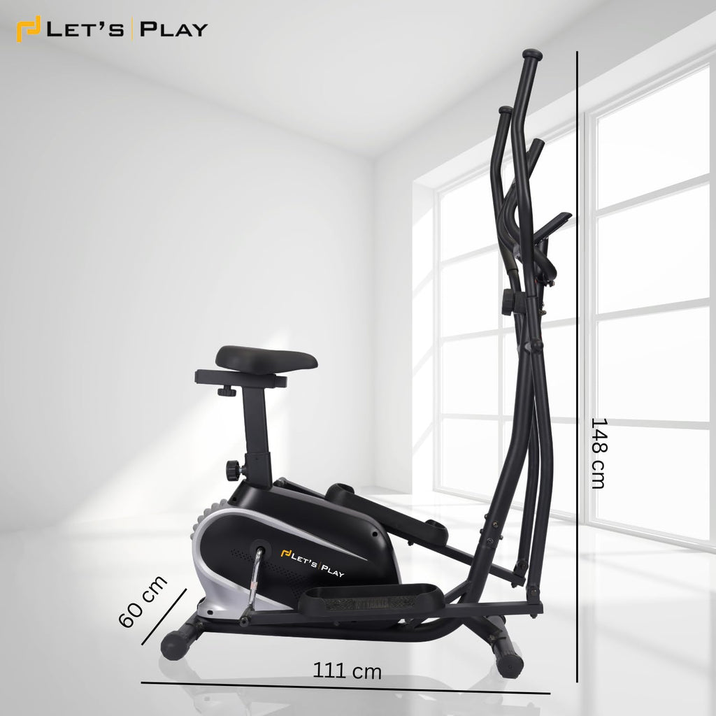 Let's Play® 2 In 1 Upright Elliptical Cross Trainer For Home Gym Full Body Workout Training Gym Cycle Exercise Bike With Adjustable Seat I 8 Magnetic Resistance Level I 5kg Flywheel I Max 100kg Weight