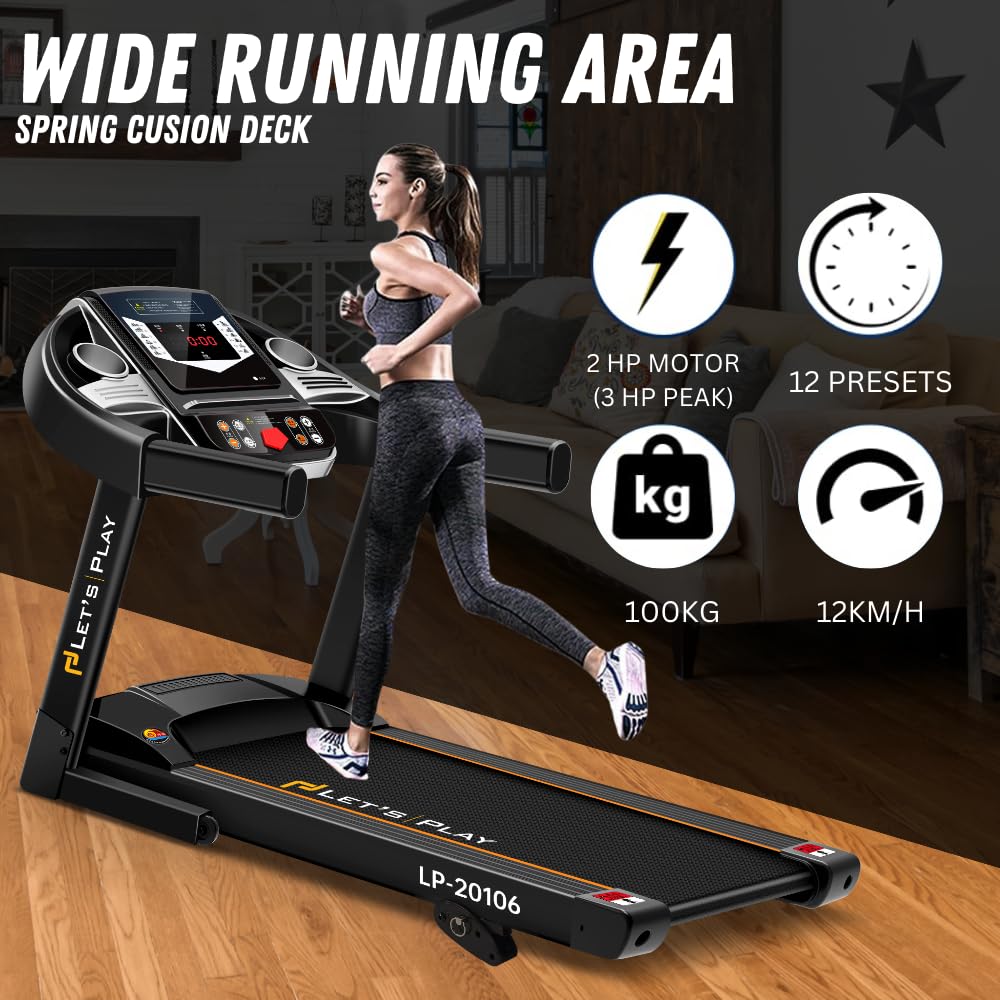 Let'S Play 4Hp Peak Motorized Treadmill For Home Gym Workout,Manual Incline Foldable Running Machine,110Kg User Weight,Max Speed 12 Km/Hr,Bluetooth Speaker,Lcd Display