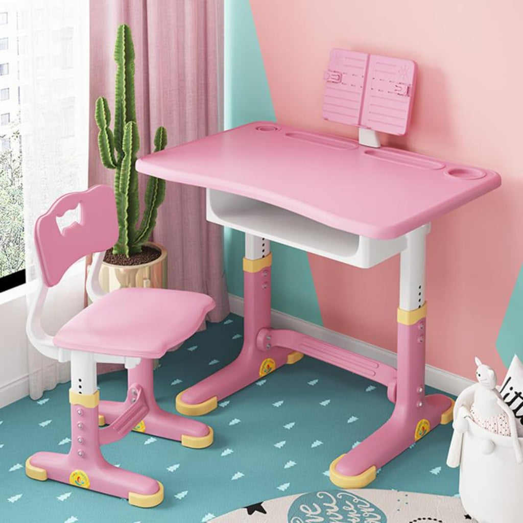 LET'S PLAY Kids Study Desk and Chair Set, Multifuncational Study Table 2-12 Years Kids (Pink)