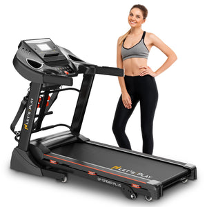 LET'S PLAY 4.5 HP Peak Japanese DC Motor Treadmill with Massager for Home Use | 3 Level Auto Incline, Max Speed 14.8km/hr, 120Kg User Weight | Anti-Skid Belt, 12 Programs, 1 Yr Warranty (Spider Plus)