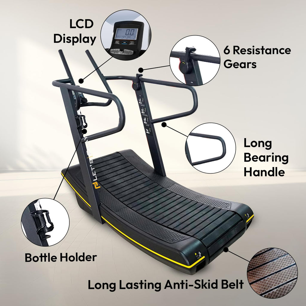 Let's Play® CSPEED Non-Motorized Curve Treadmill for Home Gym, Commercial Running Machine with 6 Resistance Level, Digital Display, 200Kg User Weight Support