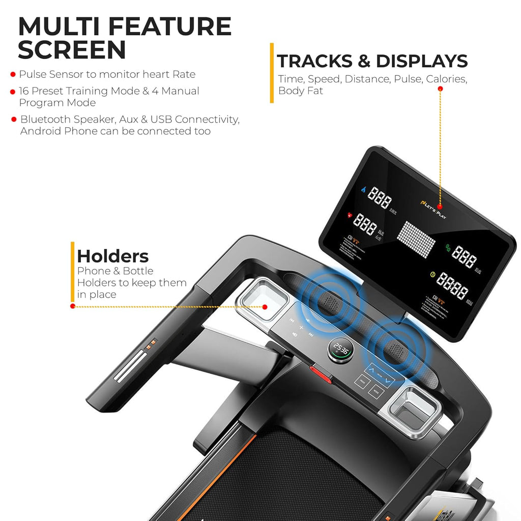 Let's Play® Automatic LP-400AC Treadmill for Home Foldable 6HP Peak AC Motor [5 Years Warranty on Motor] 16 Preset Program I Max 180Kg User Weight I Max Speed 22 Km/Hr - Bluetooth Speaker