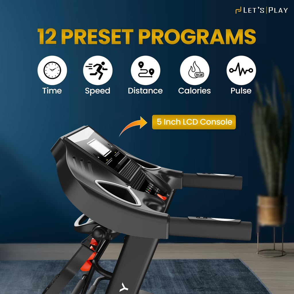 LET'S PLAY 4.5 HP Peak Japanese DC Motor Treadmill with Massager for Home Use | 3 Level Auto Incline, Max Speed 14.8km/hr, 120Kg User Weight | Anti-Skid Belt, 12 Programs, 1 Yr Warranty (Spider Plus)