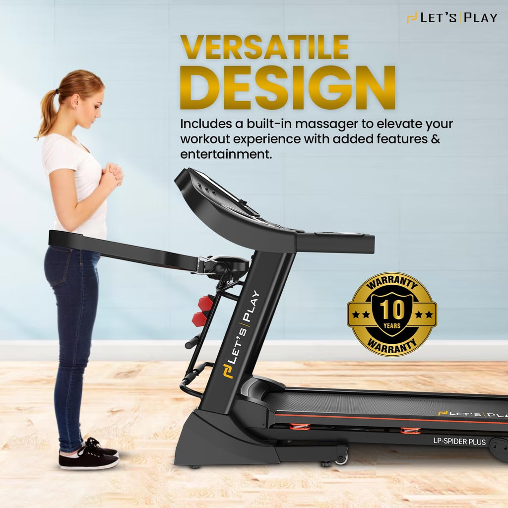 LET'S PLAY 4.5 HP Peak Japanese DC Motor Treadmill with Massager for Home Use | 3 Level Auto Incline, Max Speed 14.8km/hr, 120Kg User Weight | Anti-Skid Belt, 12 Programs, 1 Yr Warranty (Spider Plus)