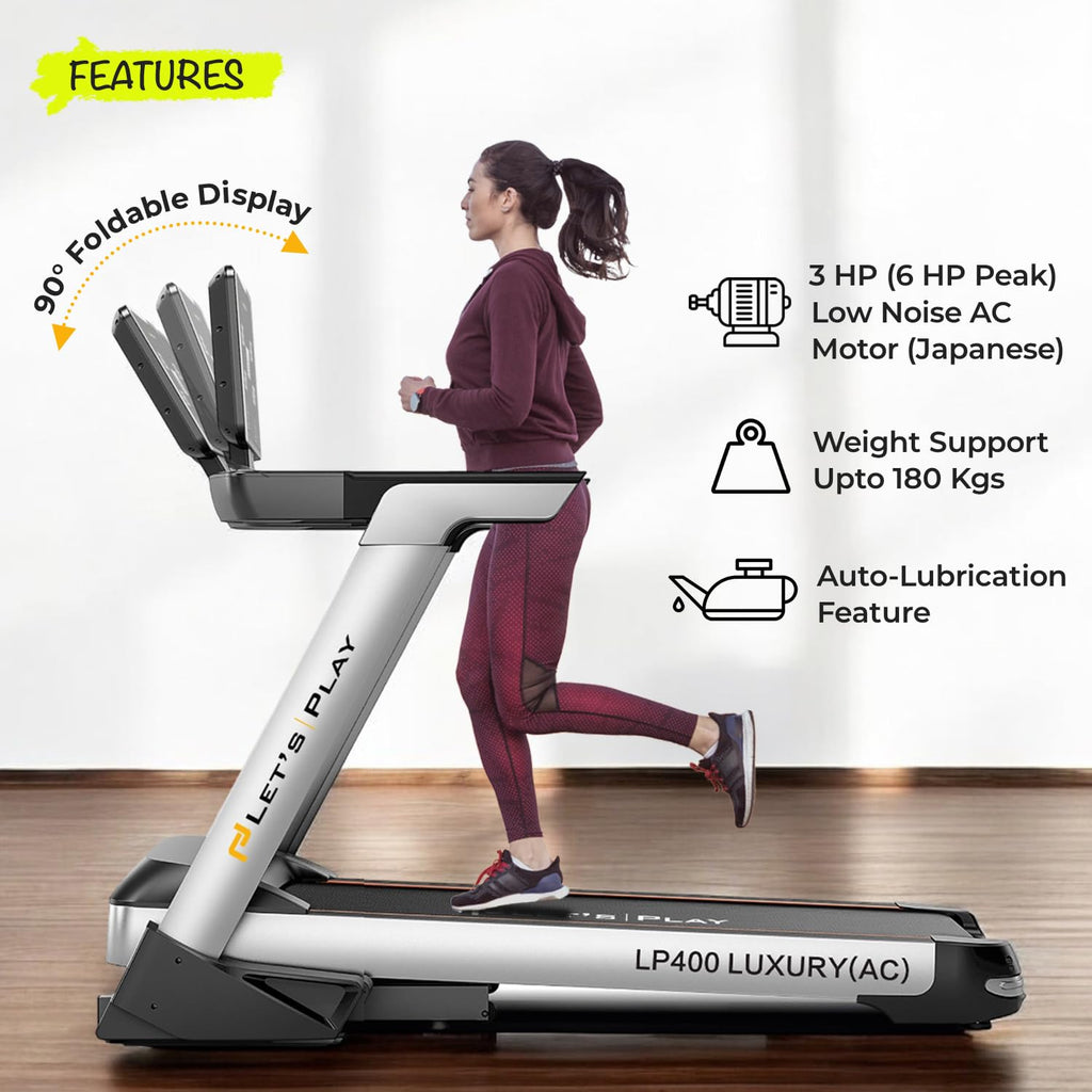 Let's Play® LP-400 Touch Screen Treadmill for Home Use 3.HP AC Motor (Peak 6 HP) 15.6" Touch Screen, 180kg Max Weight, 22km/h Speed, 15% Auto Incline Running Machine [5 Years Warranty on Motor]