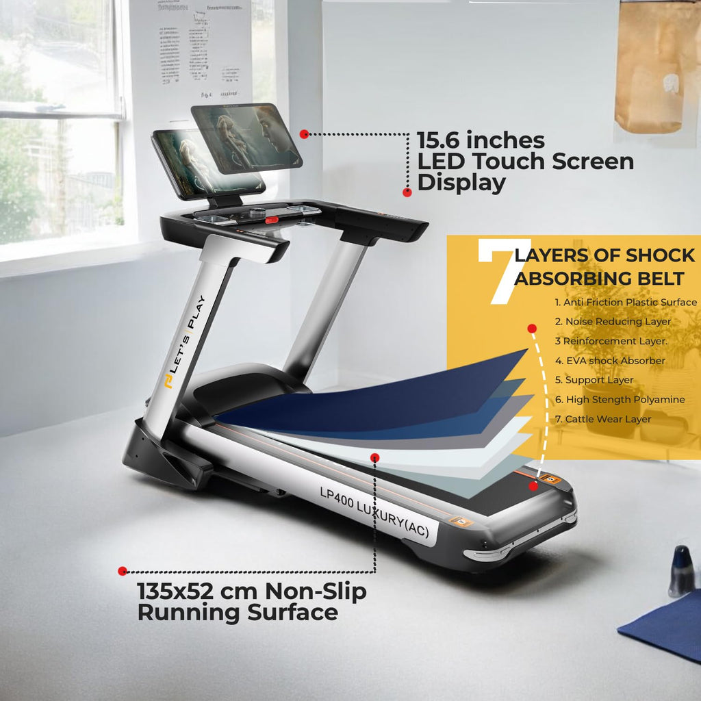 Let's Play® LP-400 Touch Screen Treadmill for Home Use 3.HP AC Motor (Peak 6 HP) 15.6" Touch Screen, 180kg Max Weight, 22km/h Speed, 15% Auto Incline Running Machine [5 Years Warranty on Motor]