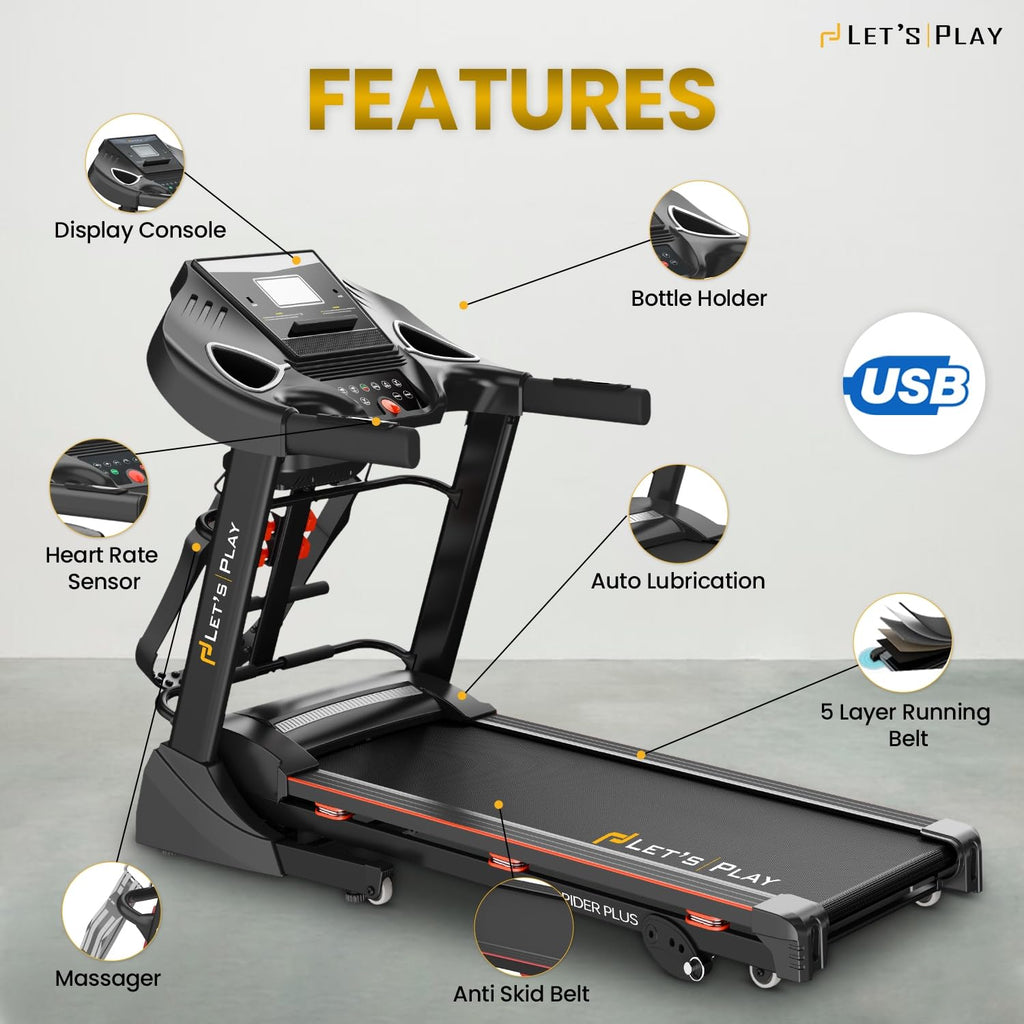 LET'S PLAY 4.5 HP Peak Japanese DC Motor Treadmill with Massager for Home Use | 3 Level Auto Incline, Max Speed 14.8km/hr, 120Kg User Weight | Anti-Skid Belt, 12 Programs, 1 Yr Warranty (Spider Plus)