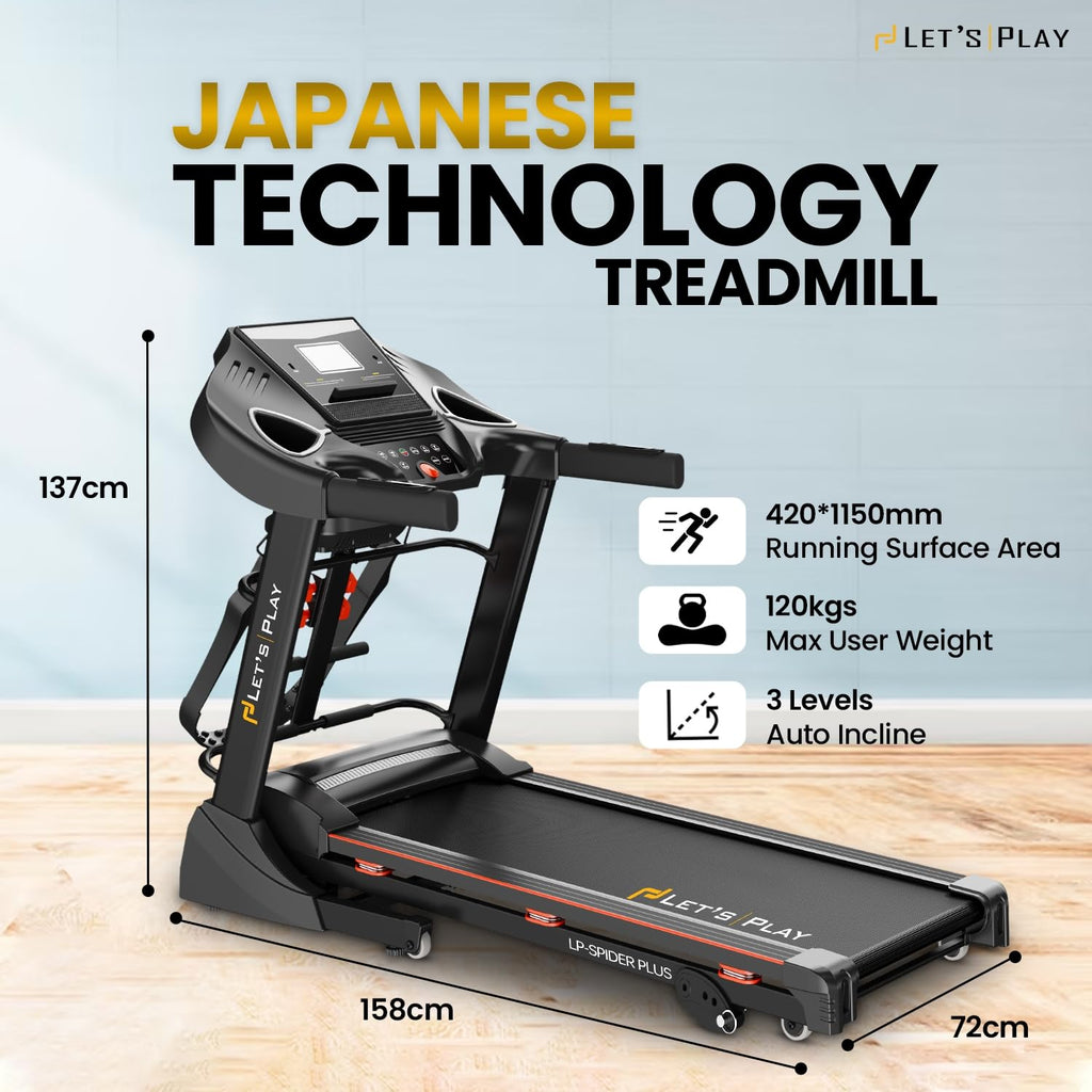 LET'S PLAY 4.5 HP Peak Japanese DC Motor Treadmill with Massager for Home Use | 3 Level Auto Incline, Max Speed 14.8km/hr, 120Kg User Weight | Anti-Skid Belt, 12 Programs, 1 Yr Warranty (Spider Plus)