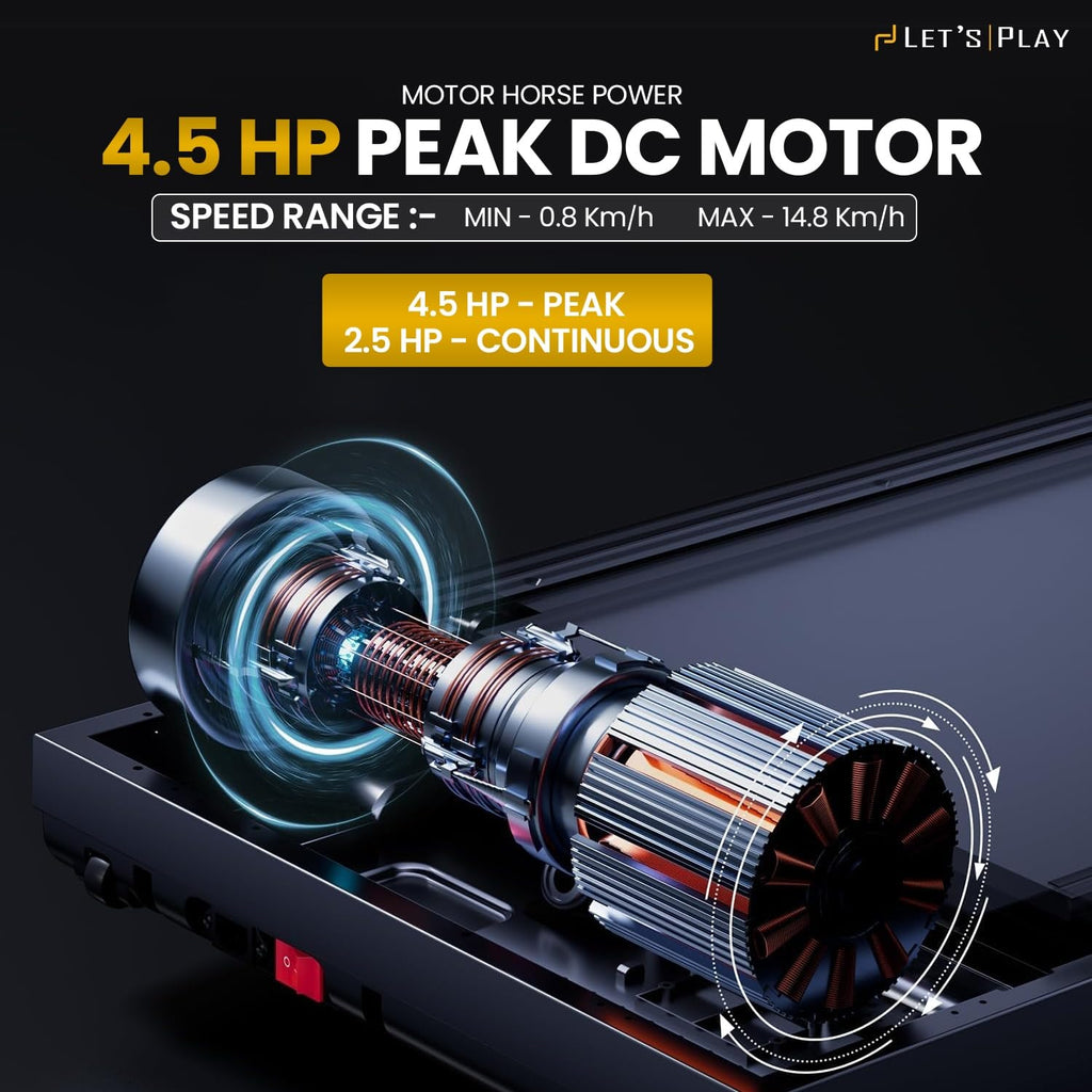 LET'S PLAY 4.5 HP Peak Japanese DC Motor Treadmill with Massager for Home Use | 3 Level Auto Incline, Max Speed 14.8km/hr, 120Kg User Weight | Anti-Skid Belt, 12 Programs, 1 Yr Warranty (Spider Plus)
