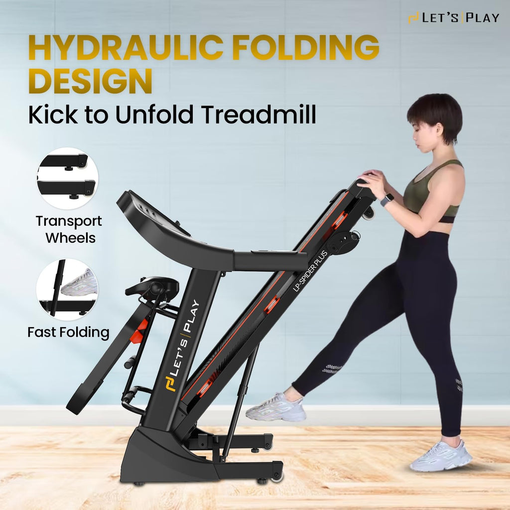 LET'S PLAY 4.5 HP Peak Japanese DC Motor Treadmill with Massager for Home Use | 3 Level Auto Incline, Max Speed 14.8km/hr, 120Kg User Weight | Anti-Skid Belt, 12 Programs, 1 Yr Warranty (Spider Plus)