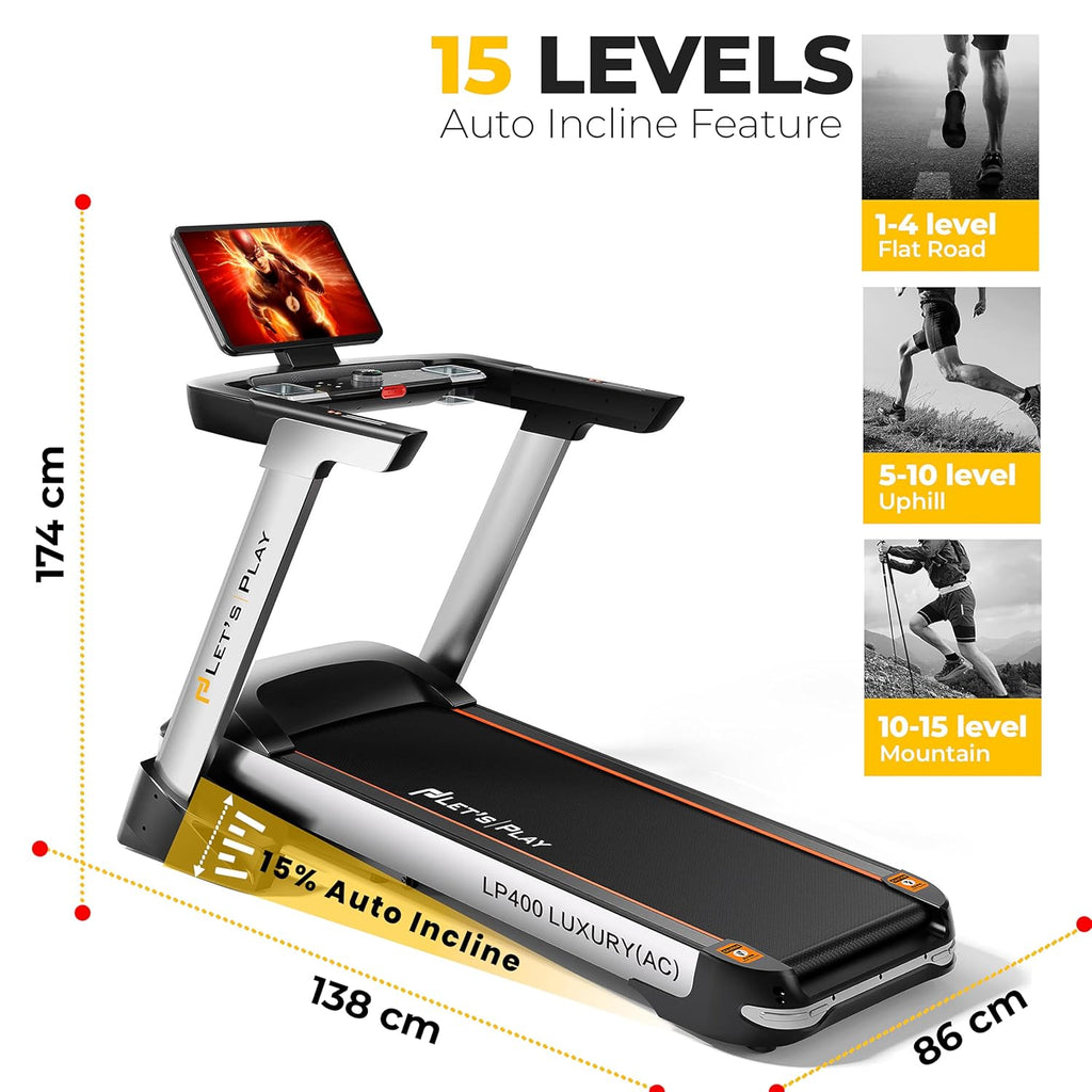 Let's Play® LP-400 Touch Screen Treadmill for Home Use 3.HP AC Motor (Peak 6 HP) 15.6" Touch Screen, 180kg Max Weight, 22km/h Speed, 15% Auto Incline Running Machine [5 Years Warranty on Motor]